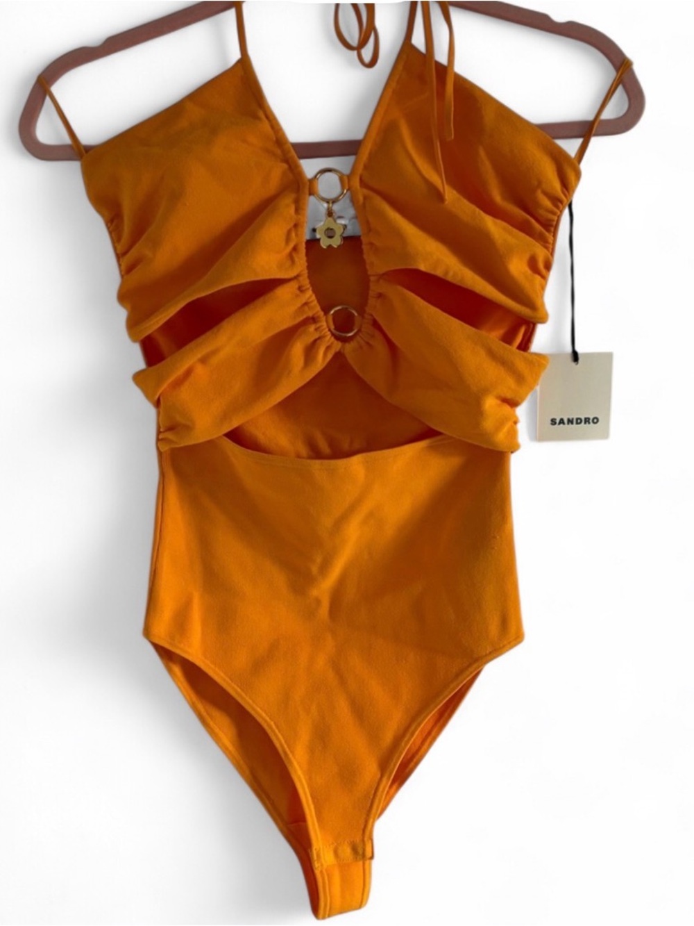 Sandro Assiya Backless Halter Bodysuit in Vibrant Orange with Gold Rings EAC
